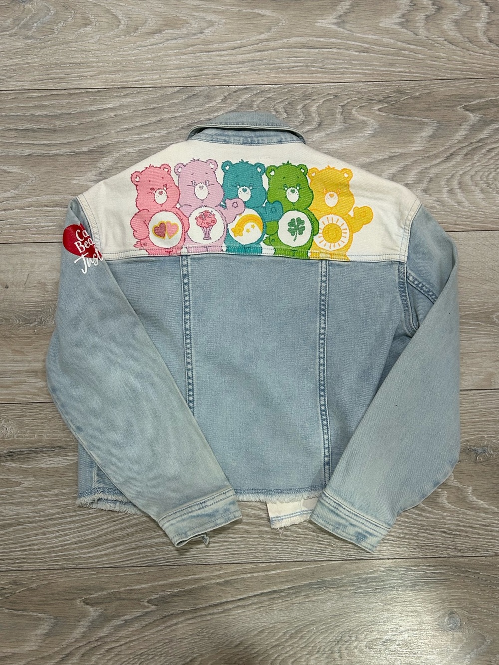 Justice Light Blue and White Denim Jean Jacket with Colorful Care Bears
